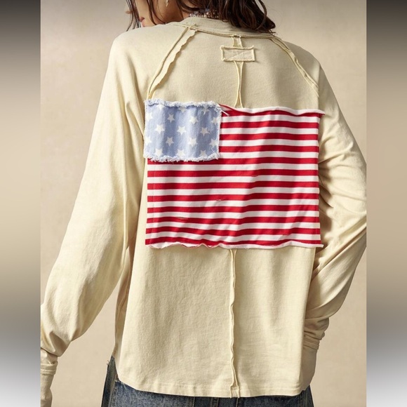 Tops - Boho Cream Long-Sleeve 100% Cotton Top - U. S. Flag on Back